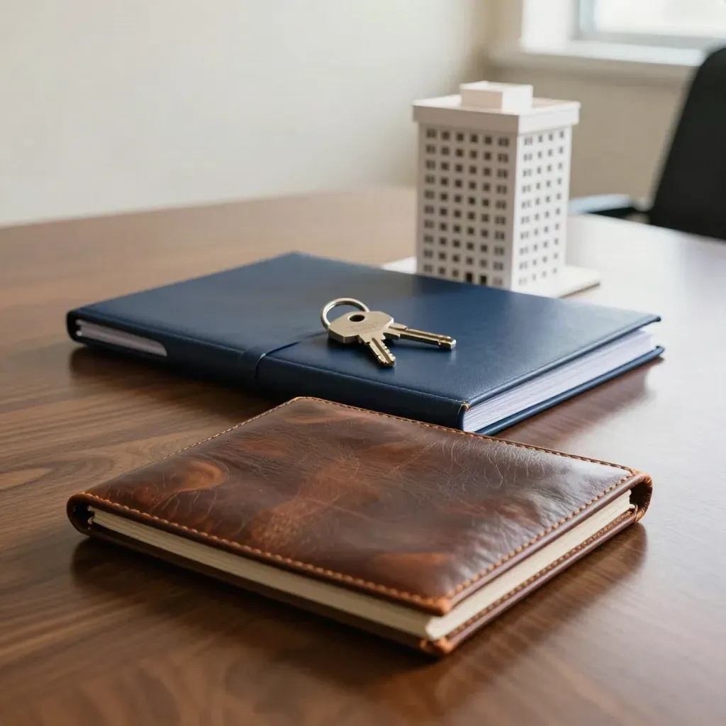 Boardroom table with sealed folder, house key, model home and leather folio for sale readiness.