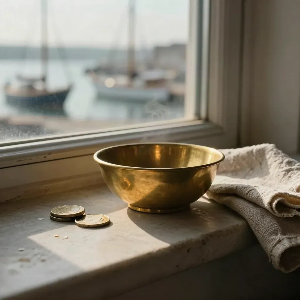 Brass bowl, stacked coins, and linen on a stone ledge overlooking a blurred port.